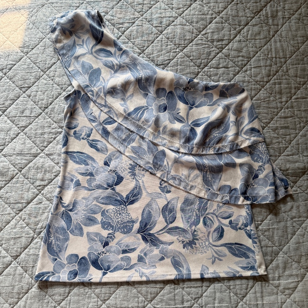 WHBM Floral Blue Tiered One Shoulder Ruffle Top